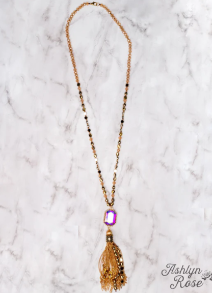 Iridescent Pendant Beaded Necklace with Tassel