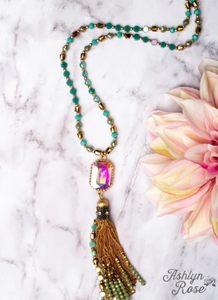 Iridescent Pendant Beaded Necklace with Tassel