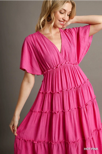 Short Sleeve V-Neck Textured Tiered Maxi Dress