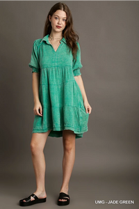 Mineral Wash Cotton Gauze Tiered Collared Dress with Smocked Cuff Sleeves