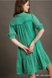 Mineral Wash Cotton Gauze Tiered Collared Dress with Smocked Cuff Sleeves