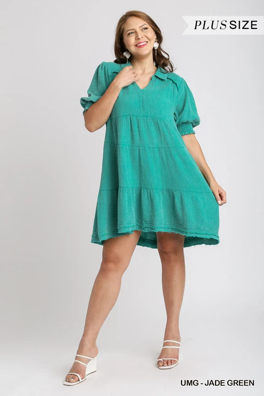 PLUS Mineral Wash Cotton Gauze Tiered Collared Dress with Smocked Cuff Sleeves