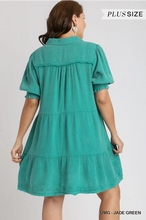 Load image into Gallery viewer, PLUS Mineral Wash Cotton Gauze Tiered Collared Dress with Smocked Cuff Sleeves
