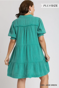 PLUS Mineral Wash Cotton Gauze Tiered Collared Dress with Smocked Cuff Sleeves