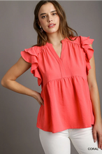 Load image into Gallery viewer, Baby Doll Split Neck Short Ruffle Sleeves Top
