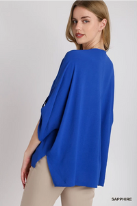 Solid V-Neck Boxy Top with Roll Sleeves