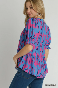Abstract Print V-Neck Top with Smocked Sleeves