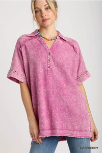 Linen Mineral Wash Button Boxy Top with Side Slits and Contrast Print