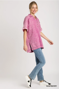 Linen Mineral Wash Button Boxy Top with Side Slits and Contrast Print