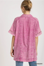 Load image into Gallery viewer, Linen Mineral Wash Button Boxy Top with Side Slits and Contrast Print
