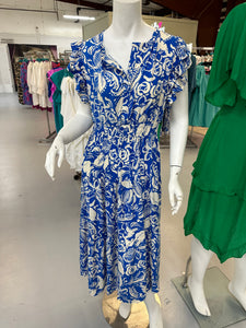 Flutter Sleeve Split Neck Midi Dress with Smocked Waistband