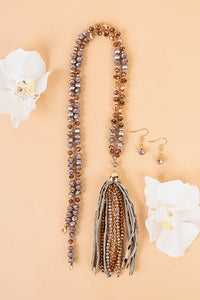 Brown Beaded Tassel Necklace with Matching Earrings