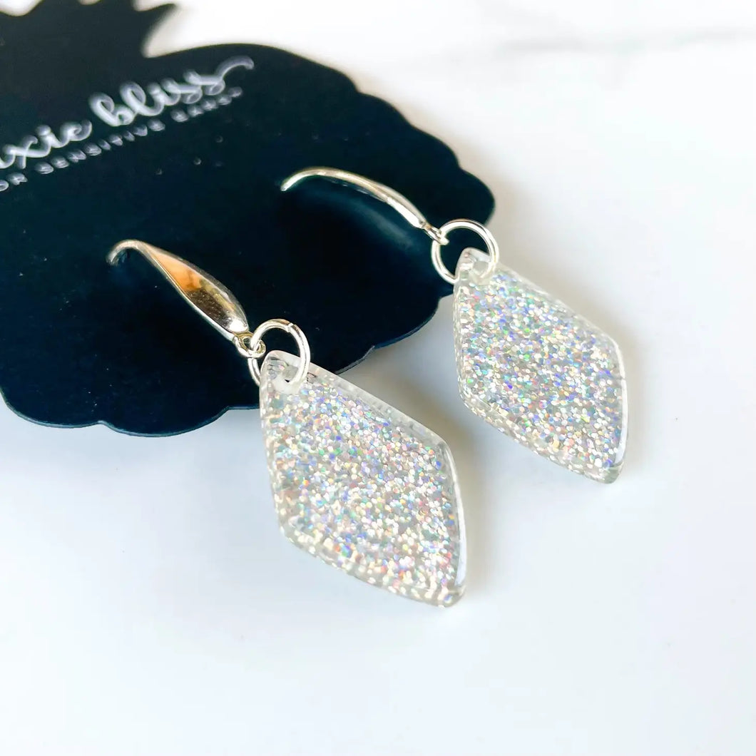 Silver Glitter Diamond Dangle Earrings
